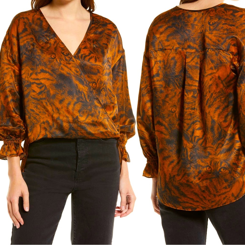 Allsaints Penny Grizedale Cat Print Wrap Front Blouse